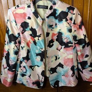 Vintage Kasper Multicolor Watercolor Floral Open Blazer - Pink, Teal & Black